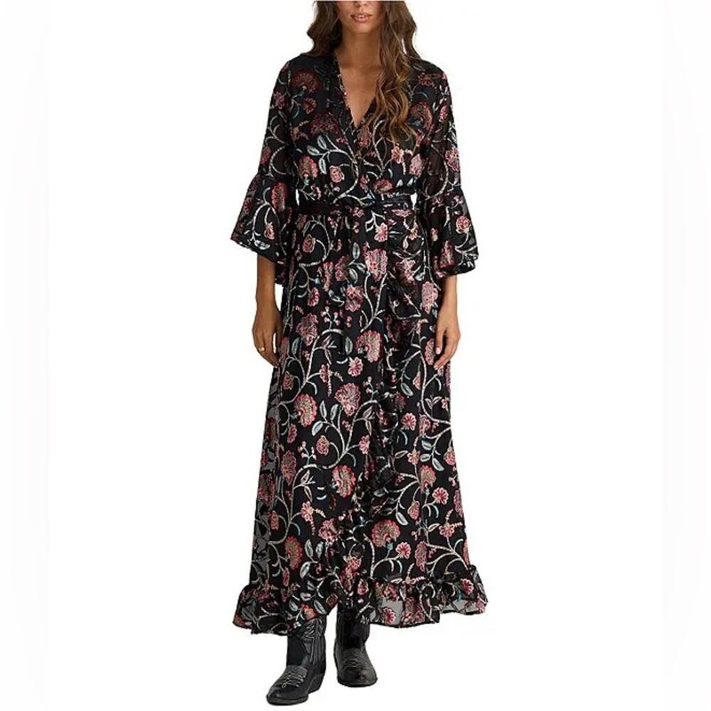 Talisman $189 Carly Floral Velvet V-Neck 3/4 Fluted Sleeve Wrap Midi Dress XS